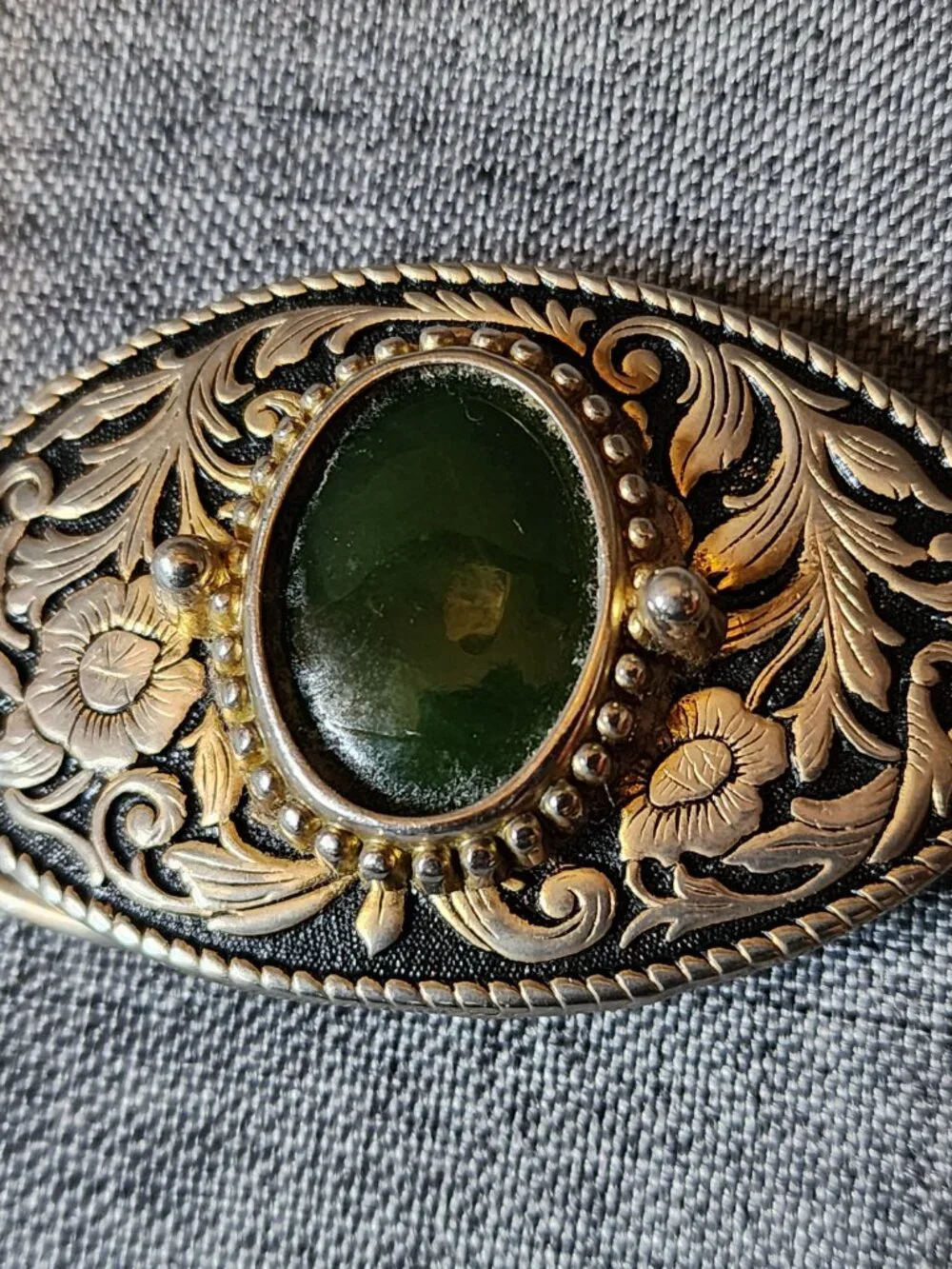 Vintage Western Style Engraved Floral Silver Metal With Green Stone Belt Buckle